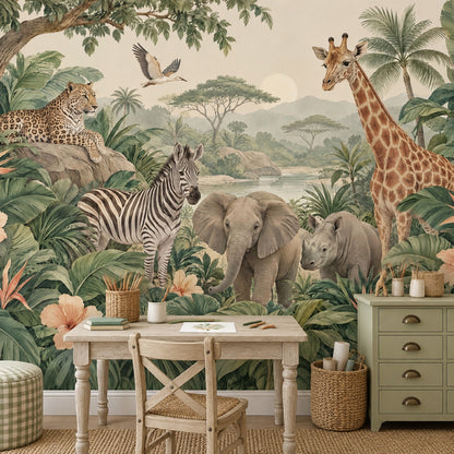 Safari Hayvanlı Poster Duvar Kağıdı Yeşil Çocuk Odası