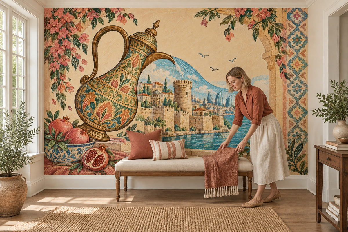 İstanbul Manzaralı Poster Duvar Kağıdı Osmanlı Motifli Turkuaz