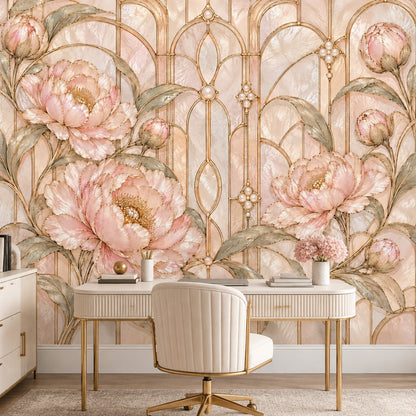 Art Deco Çiçekli Poster Duvar Kağıdı Pudra Pembe Altın Çizgili