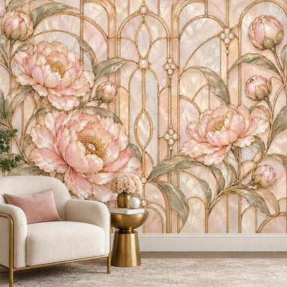 Art Deco Çiçekli Poster Duvar Kağıdı Pudra Pembe Altın Çizgili