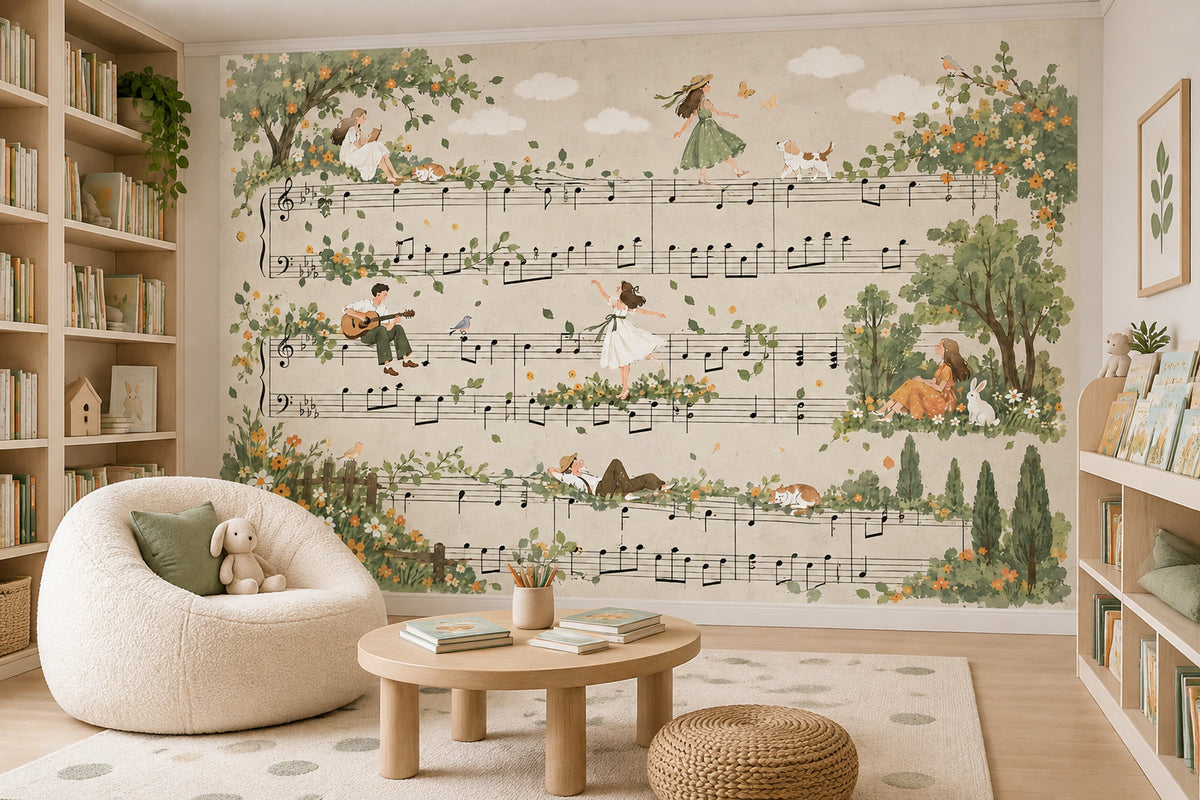 Müzik Notalı Poster Duvar Kağıdı Yeşil Doğa Temalı Çocuk Odası