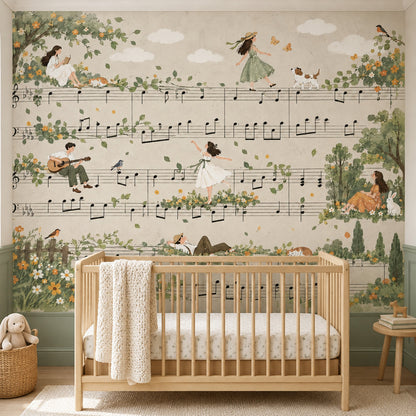 Müzik Notalı Poster Duvar Kağıdı Yeşil Doğa Temalı Çocuk Odası