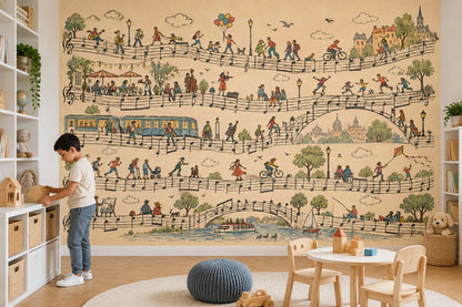 Müzik Notalı Şehir Manzaralı Poster Duvar Kağıdı Bej Çocuk Odası