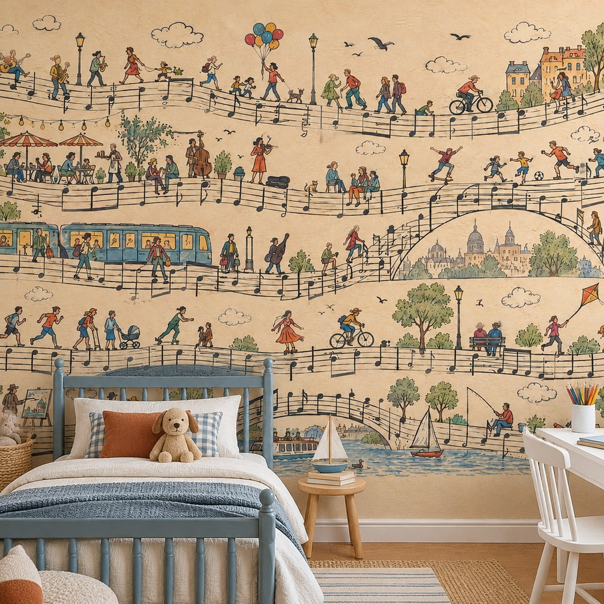 Müzik Notalı Şehir Manzaralı Poster Duvar Kağıdı Bej Çocuk Odası