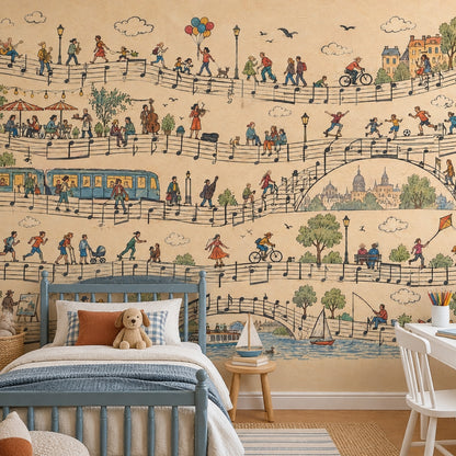Müzik Notalı Şehir Manzaralı Poster Duvar Kağıdı Bej Çocuk Odası
