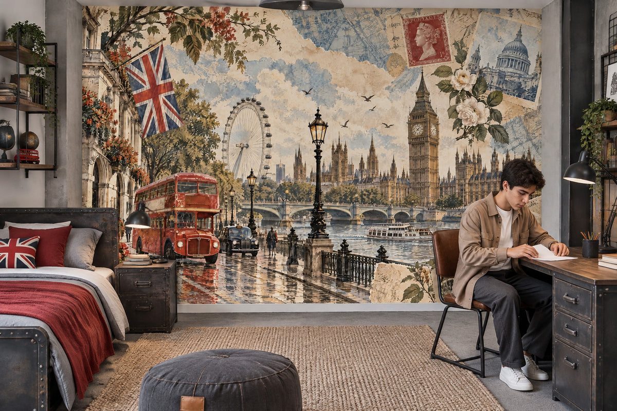 Londra Manzaralı Poster Duvar Kağıdı Kırmızı Otobüslü Vintage