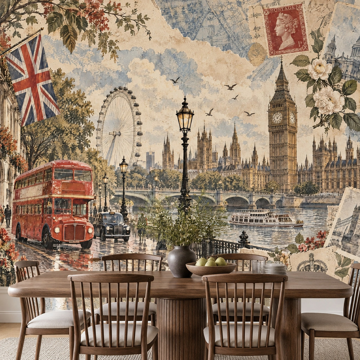Londra Manzaralı Poster Duvar Kağıdı Kırmızı Otobüslü Vintage