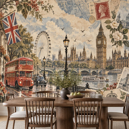 Londra Manzaralı Poster Duvar Kağıdı Kırmızı Otobüslü Vintage