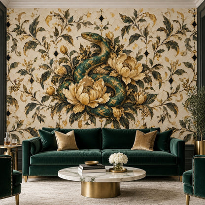 Yılan ve Çiçekli Poster Duvar Kağıdı Yeşil Altın Salon