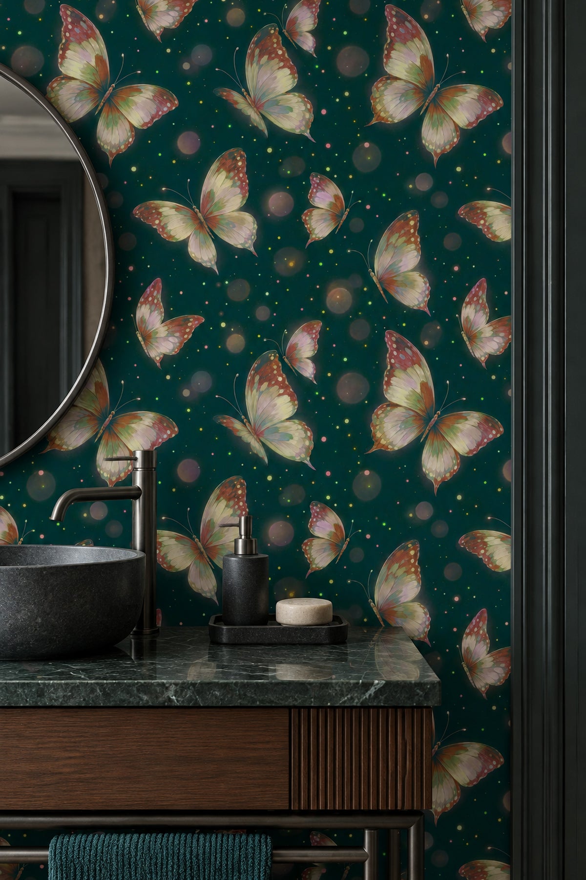Kelebek Desenli Duvar Kağıdı Koyu Yeşil Banyo Dekoru