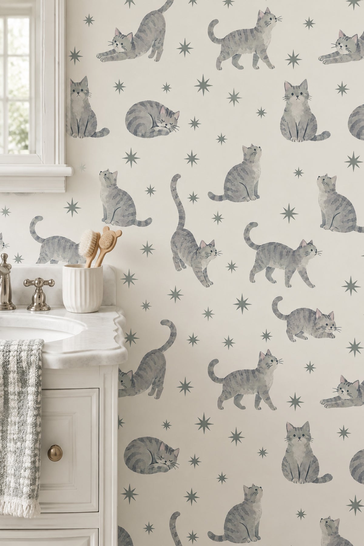Yıldızlı Kedi Desenli Duvar Kağıdı Gri Çocuk Odası