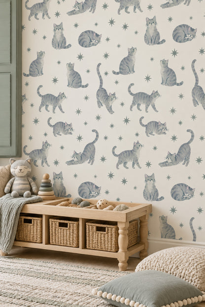 Yıldızlı Kedi Desenli Duvar Kağıdı Gri Çocuk Odası