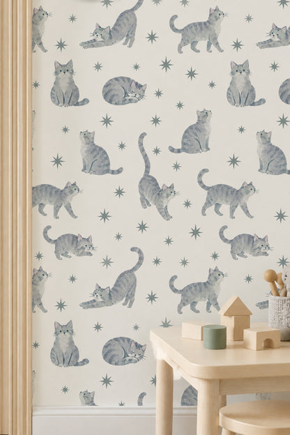 Yıldızlı Kedi Desenli Duvar Kağıdı Gri Çocuk Odası