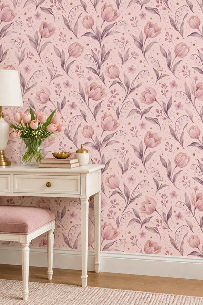 Pudra Pembe Lale Desenli Duvar Kağıdı Romantik Salon