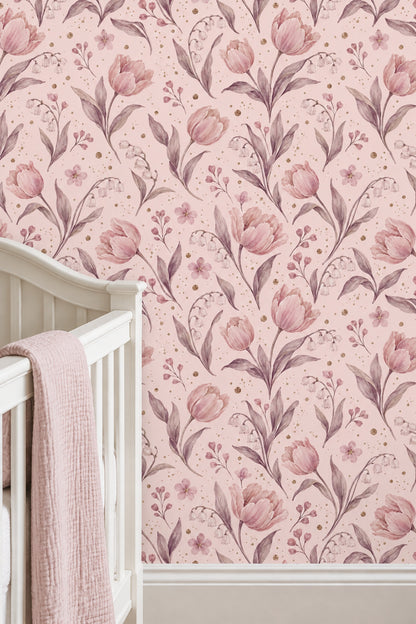 Pudra Pembe Lale Desenli Duvar Kağıdı Romantik Salon