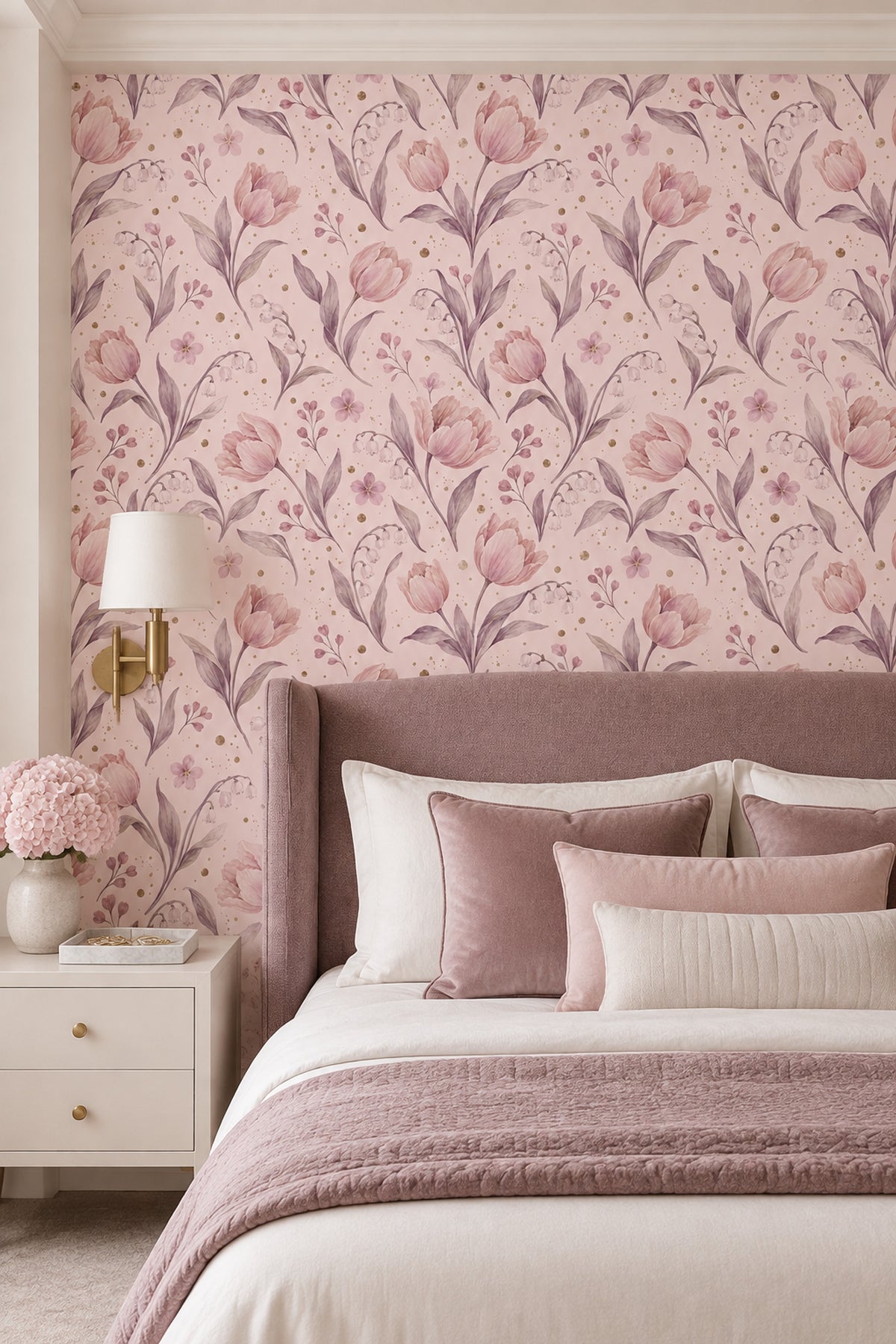Pudra Pembe Lale Desenli Duvar Kağıdı Romantik Salon
