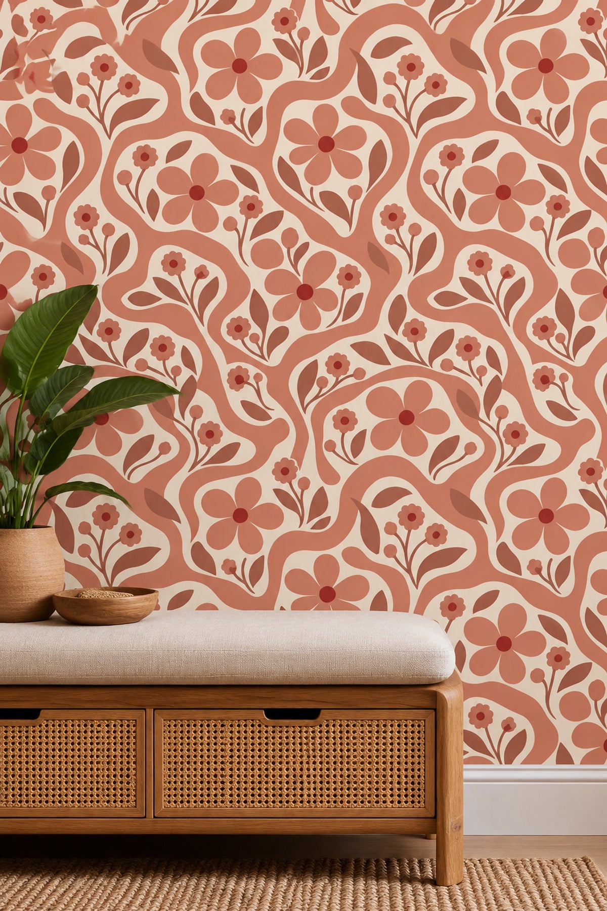 Retro Çiçek Desenli Duvar Kağıdı Kiremit Bej Salon
