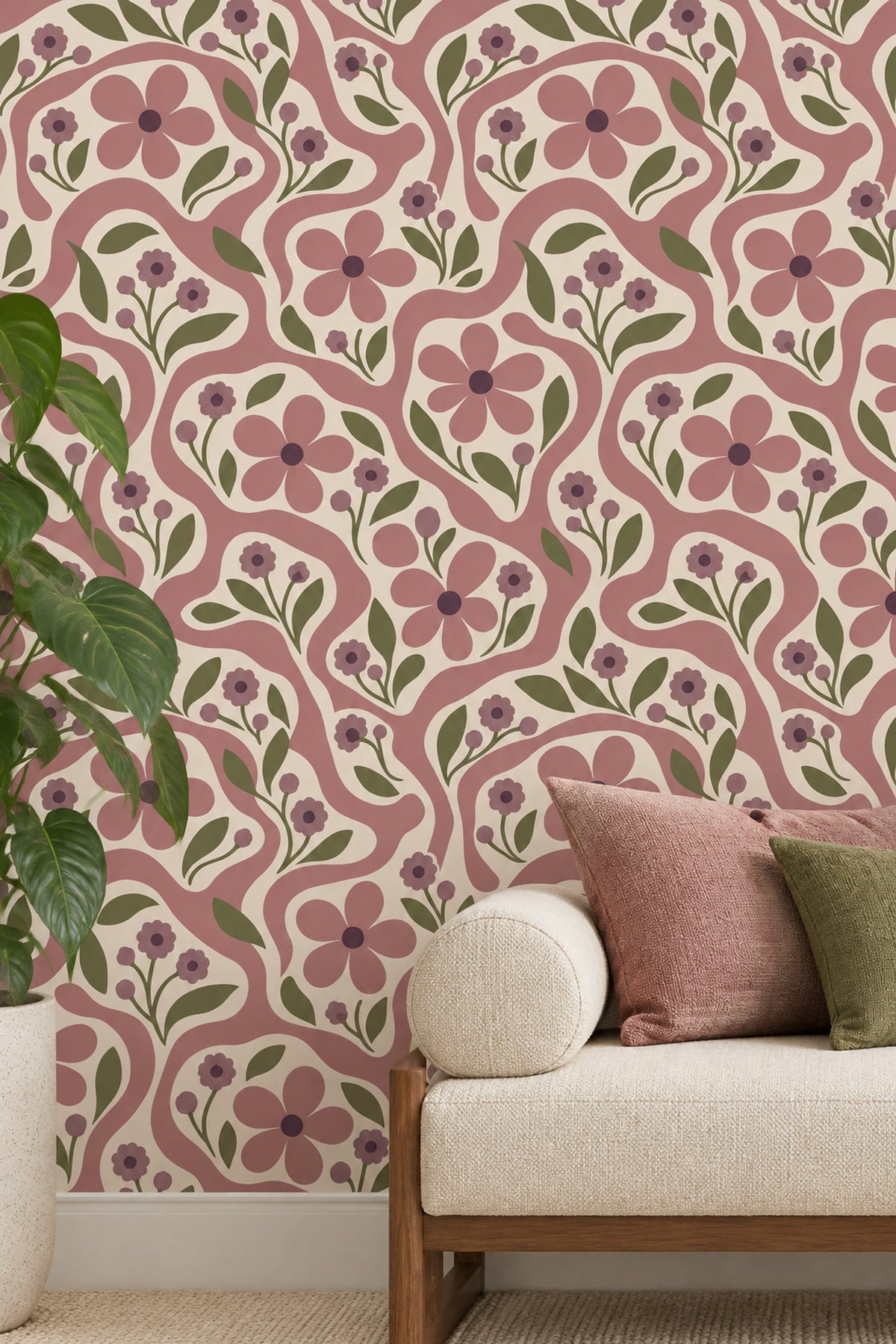 Retro Çiçek Desenli Duvar Kağıdı Pembe Krem Salon