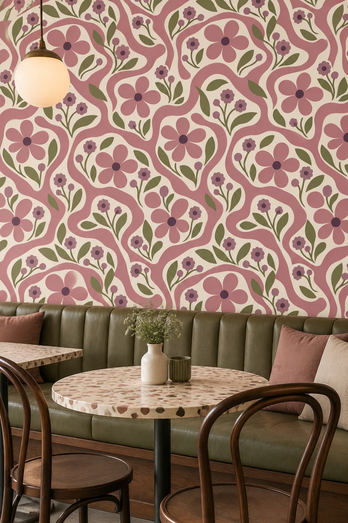 Retro Çiçek Desenli Duvar Kağıdı Pembe Krem Salon