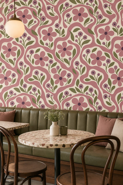 Retro Çiçek Desenli Duvar Kağıdı Pembe Krem Salon