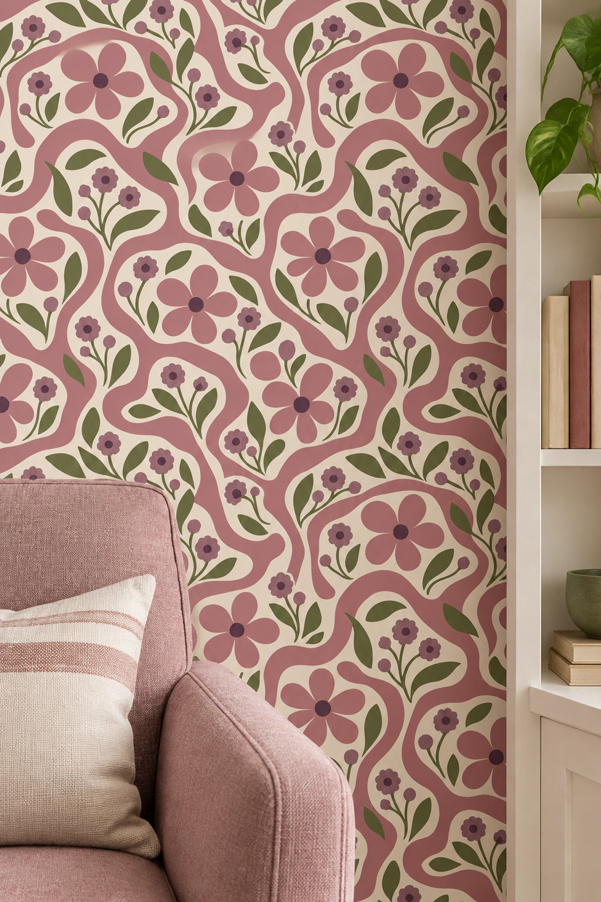 Retro Çiçek Desenli Duvar Kağıdı Pembe Krem Salon