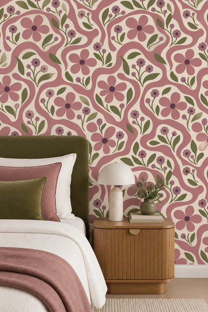Retro Çiçek Desenli Duvar Kağıdı Pembe Krem Salon