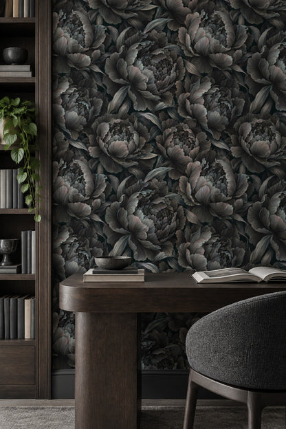 Koyu Şakayık Çiçekli Duvar Kağıdı Antrasit Salon Deseni
