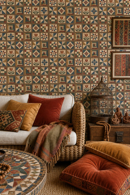 Patchwork Çini Desenli Duvar Kağıdı Renkli Retro Salon