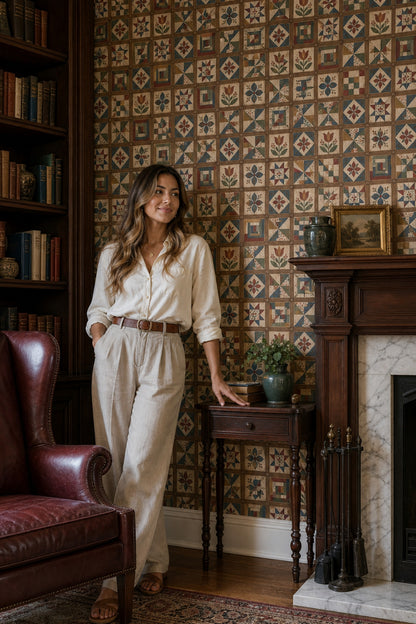 Patchwork Çini Desenli Duvar Kağıdı Renkli Retro Salon