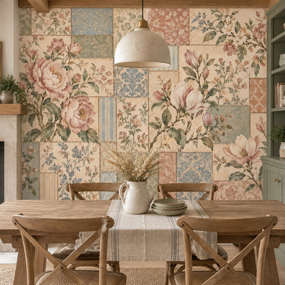 Patchwork Çiçek Desenli Poster Duvar Kağıdı Pastel Salon