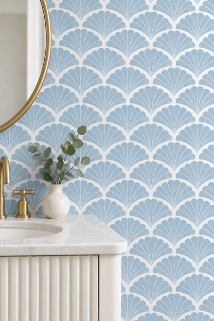 Art Deco Yelpaze Desenli Duvar Kağıdı Mavi Beyaz Salon