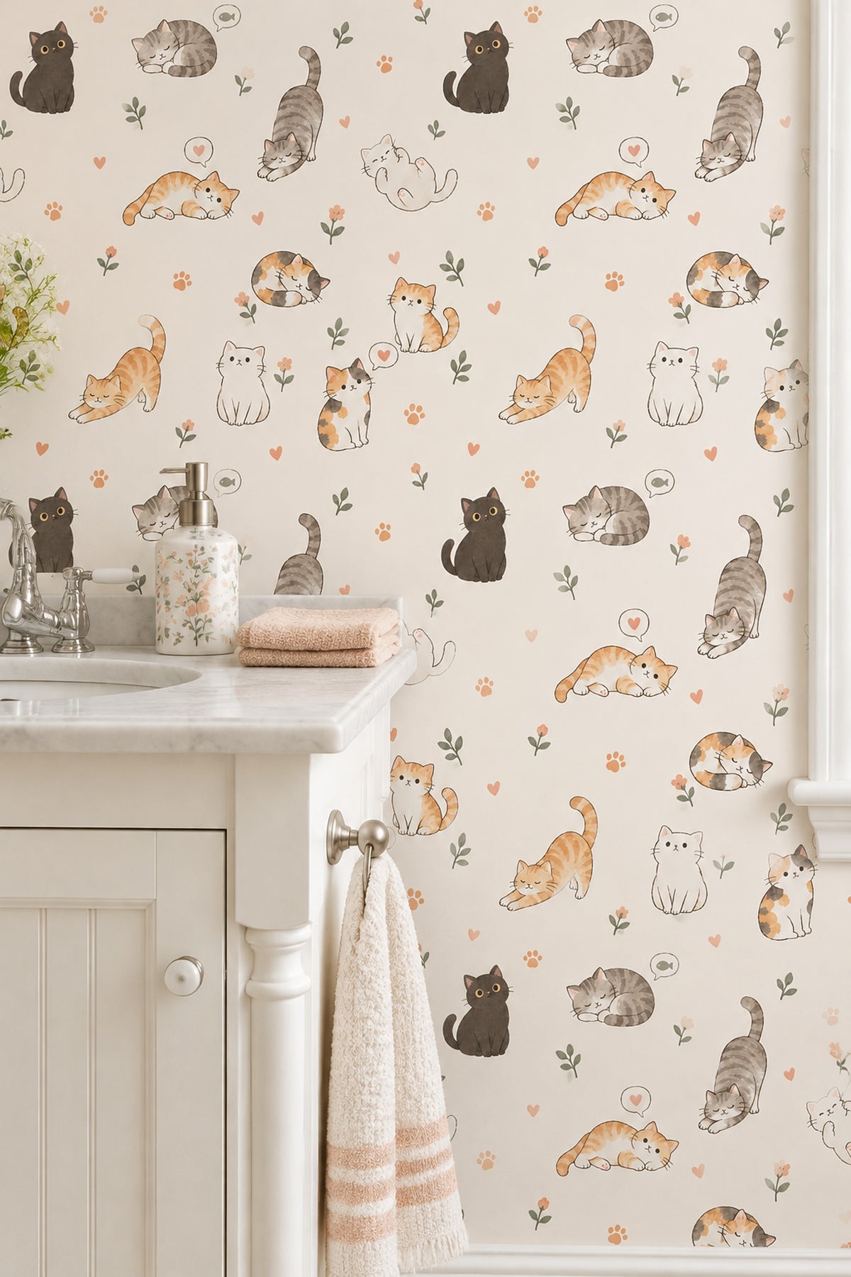 Sevimli Kedicikli Duvar Kağıdı Pastel Bebek Odası Desenli