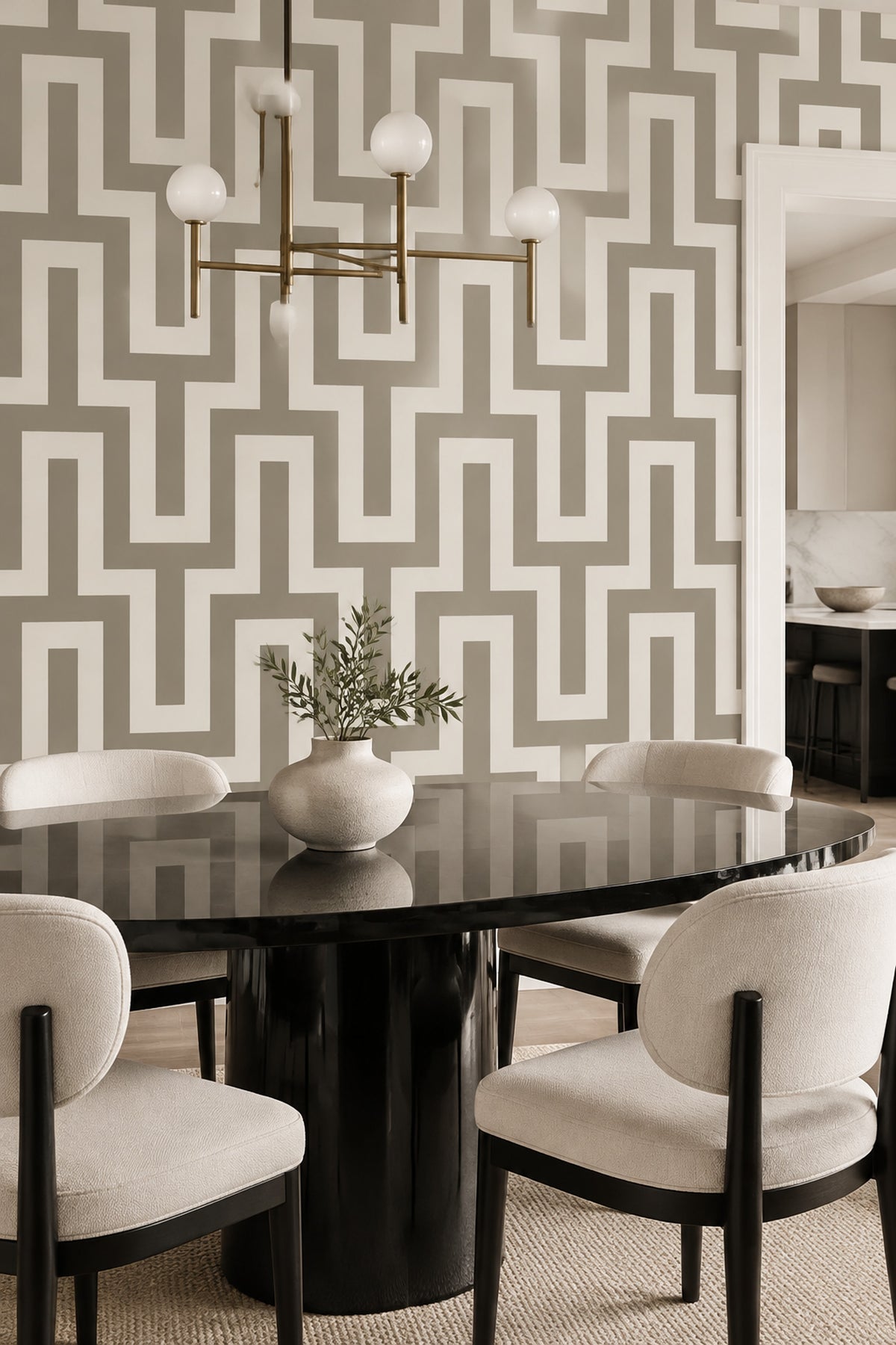 Geometrik Labirent Desenli Duvar Kağıdı Bej Gri Salon
