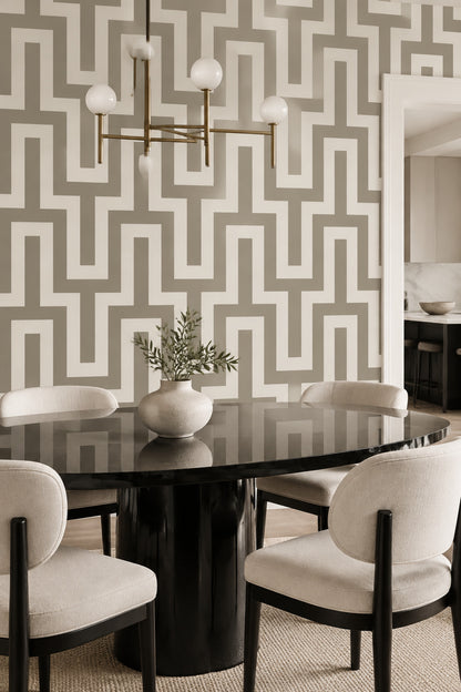 Geometrik Labirent Desenli Duvar Kağıdı Bej Gri Salon