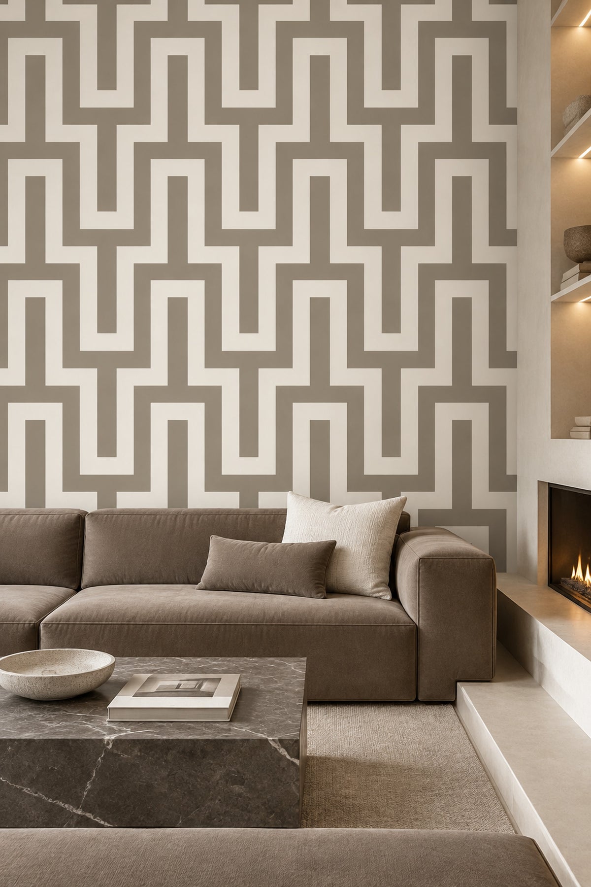 Geometrik Labirent Desenli Duvar Kağıdı Bej Gri Salon