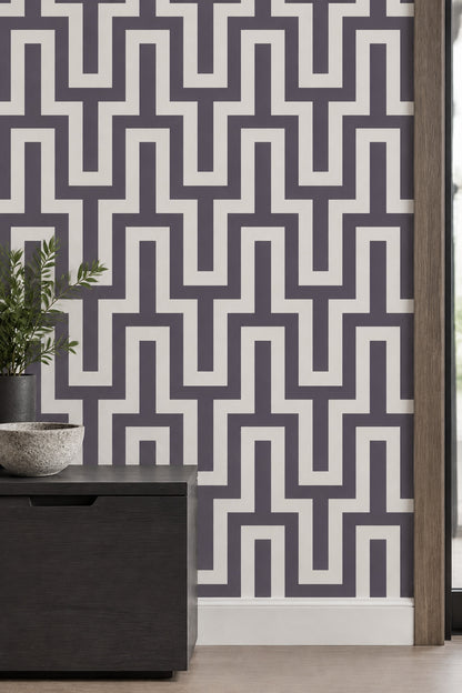 Geometrik Labirent Desenli Duvar Kağıdı Gri Beyaz Salon