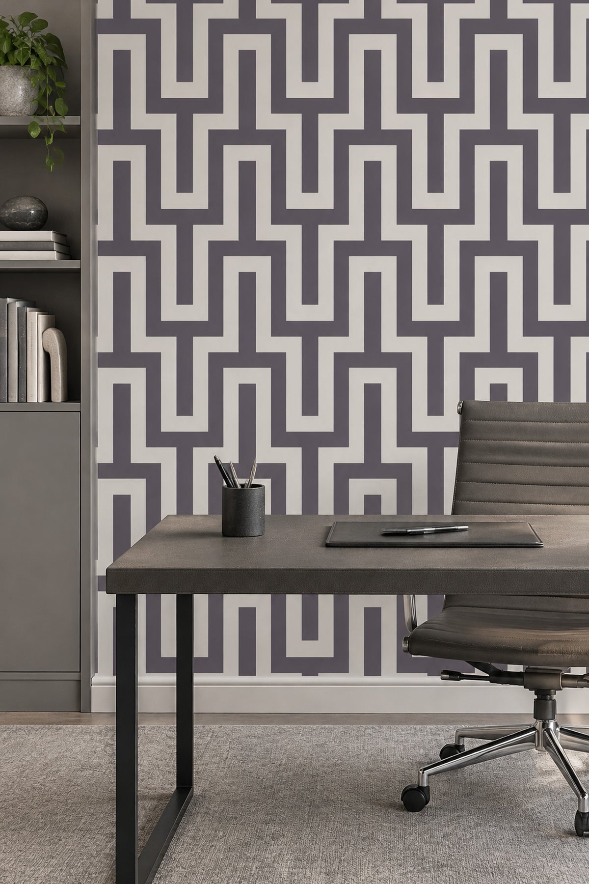 Geometrik Labirent Desenli Duvar Kağıdı Gri Beyaz Salon