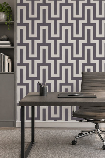 Geometrik Labirent Desenli Duvar Kağıdı Gri Beyaz Salon
