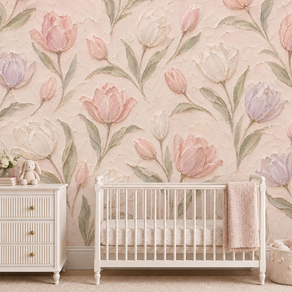 Pastel Lale Desenli Poster Duvar Kağıdı Pudra Pembe Salon