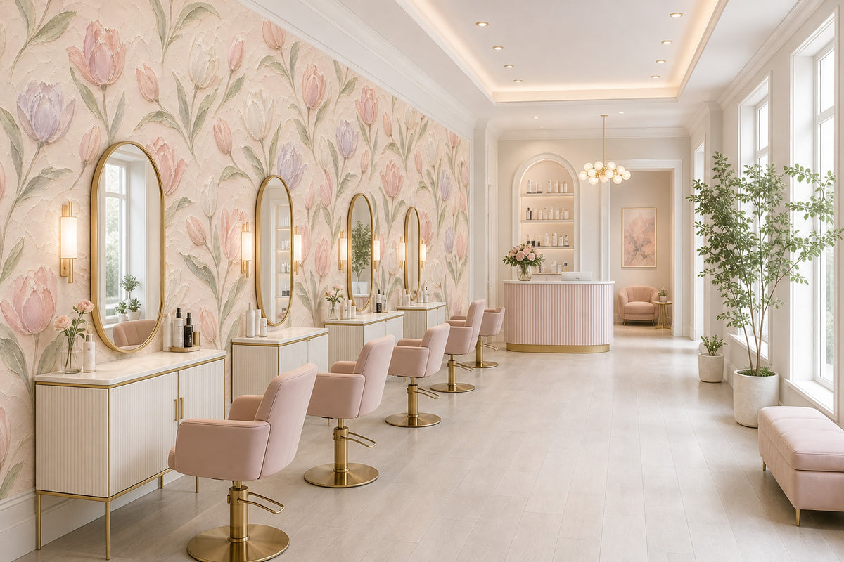 Pastel Lale Desenli Poster Duvar Kağıdı Pudra Pembe Salon