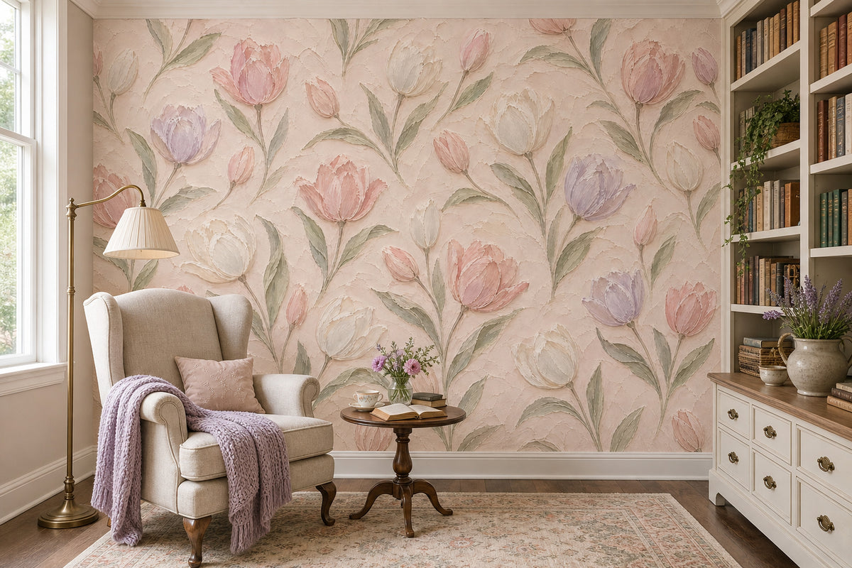 Pastel Lale Desenli Poster Duvar Kağıdı Pudra Pembe Salon